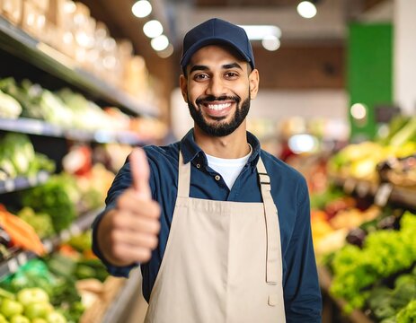 Grocery store worker giving thumbs up