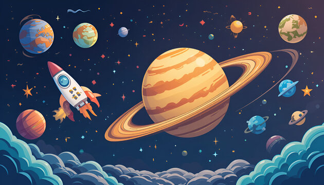 A cartoon rocket ship navigates a colorful galaxy with planets and stars