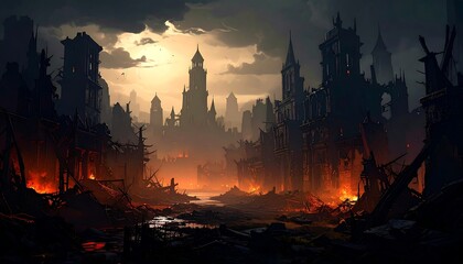 A ruined city at twilight, burning buildings and a river flowing through the debris-strewn streets