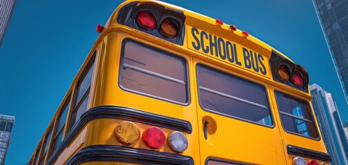 The vibrant school bus parked against a blue sky in a city environment