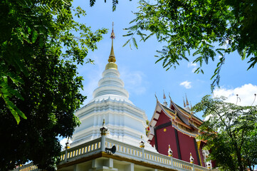 White Pagoda and Chapel, Lanna Architecture, Symbols of Buddhism, South East Asia at Wat Si On Tai, San Kamphaeng, Chiang Mai, Northern Thailand