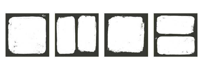 Grunge square photo frames set templates. Ink paint border with rough edges for cover. Retro textured overlays. Rectangular old black flyers on transparent background. Vector illustration