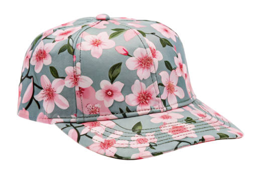 Stylish floral baseball cap with vibrant pink blossoms on a soft pastel background for summer wear