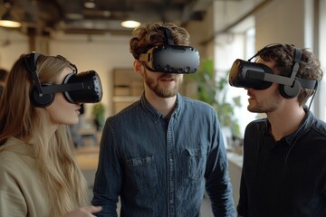 Young group of colleagues using VR technology in a startup office, demonstrating the application of virtual reality in business and innovative workspaces, Generative AI