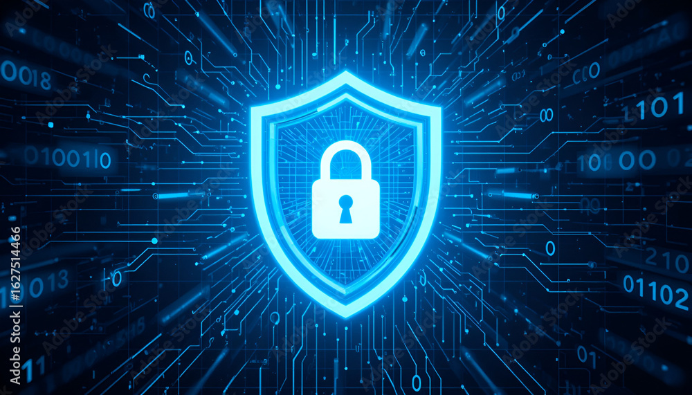 Poster digital cybersecurity shield with padlock on a blue circuit board background