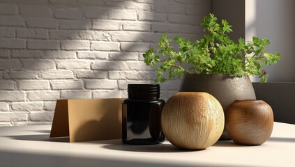 Display of decorative items on a white surface.