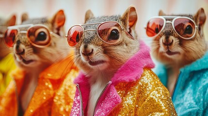 Edgy animal concept featuring a gang of squirrels dressed in sparkling neon punk rock outfits, set with space for text — perfect for commercial, editorial ads, or party invitations