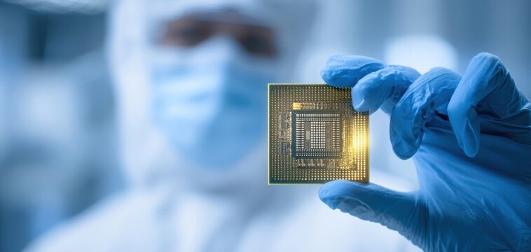 The advanced semiconductor chip held by a scientist in a cleanroom environment.