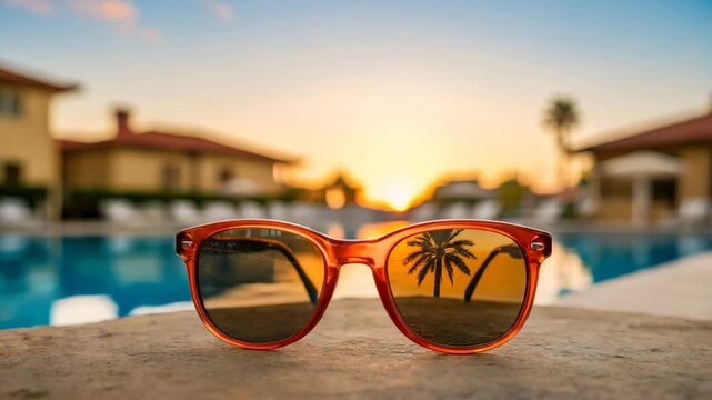 Vibrant orange sunglasses rest on a textured surface, perfectly framing a breathtaking sunset reflection of a palm tree over a tranquil resort pool, evoking vacation bliss and serene summer evenings.