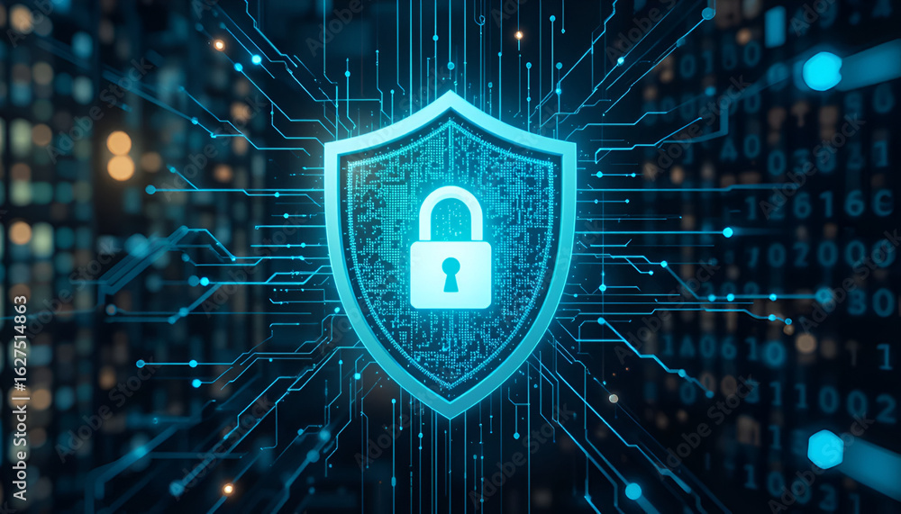 Poster digital cybersecurity shield with padlock for data protection and network safety