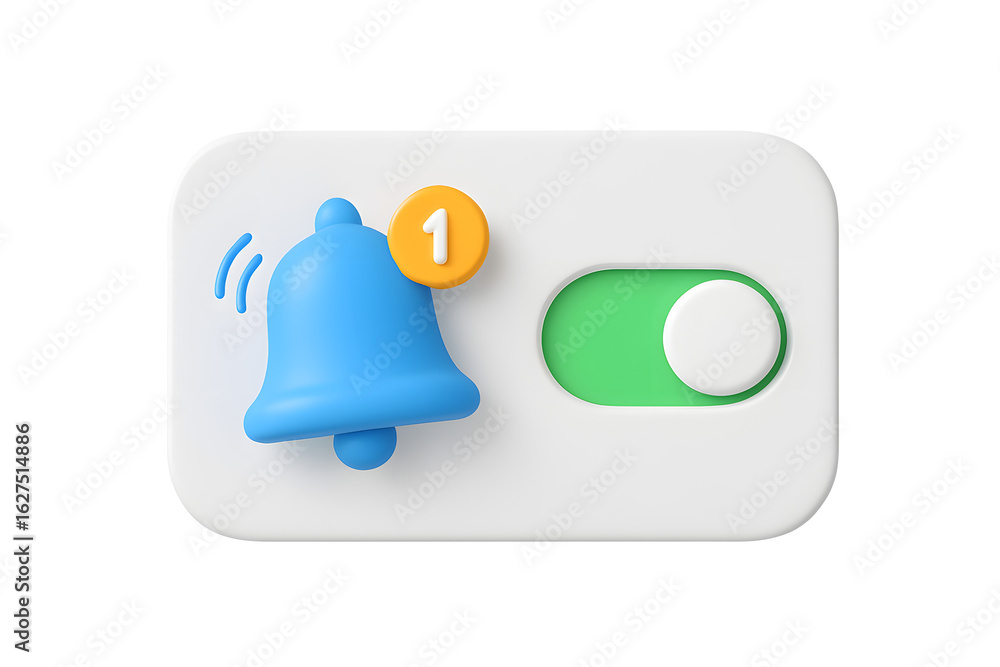 Poster blue bell icon with yellow notification badge and green toggle switch showing alert settings isolate
