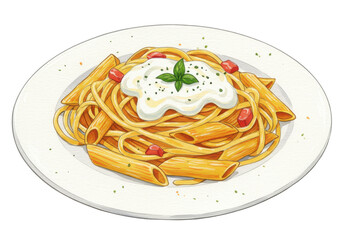 A delicious plate of pasta with creamy sauce and basil, served on a white dish