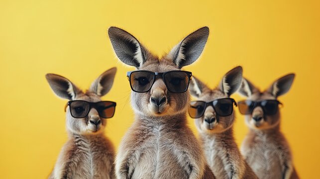 Fun animal-themed concept featuring a group of kangaroos wearing sunglasses, set against a solid background — ideal for commercial or editorial use with space for text or advertising
