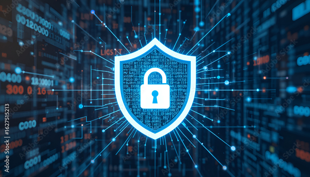 Aufkleber cybersecurity shield with digital data flow for network protection and safety