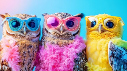 Whimsical animal concept with a group of owls dressed in eccentric, colorful, mismatched outfits set against a bright background — ideal for an advertisement, birthday party invitation, or banner