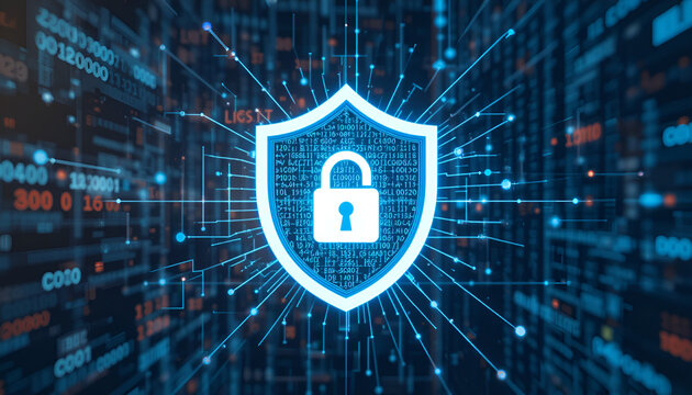 Cybersecurity shield with digital data flow for network protection and safety
