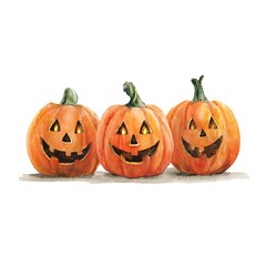 Three cheerful carved halloween pumpkins with glowing eyes and mouths isolated on white background