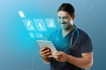 Healthcare professional using tablet for patient data management in modern clinic setting, focused...