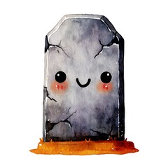 Cute kawaii watercolor tombstone with happy face and rosy cheeks isolated on white background