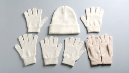 Obraz premium Warm Winter Accessories Knitted Hat and Gloves in Soft, Neutral Tones for Cold Weather