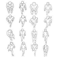 Set people outlines isolated on white background. Sitting, walking, running. Top view vector silhouette