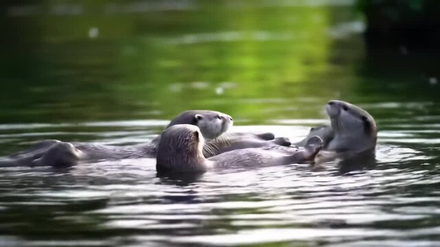 Playful Group of North American River Otters Swimming in Water