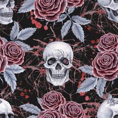 Seamless pattern with grey human skulls and red roses, spider, drops and streaks of watercolor. For fabric, wrapping paper, textiles and covers.