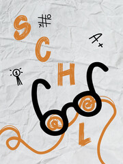Creative school-themed illustration featuring glasses and playful text elements in vibrant colors