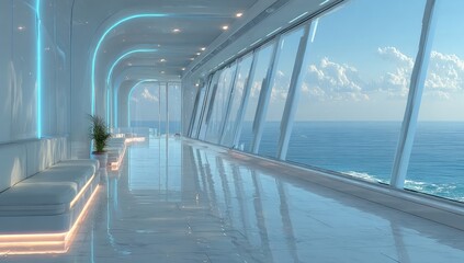 Modern, airy hallway with ocean views