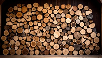 Fototapete Brennholz Textur A large stack of chopped firewood logs arranged in a neat pile. Cross-section view showing natural wood grain and texture as a rustic background or sustainable energy source.  © AbuHamzah