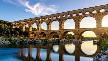 Fototapeta premium Ancient stone bridge over a calm river at sunset