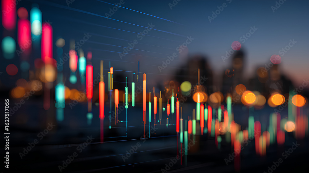 Poster analyzing stock market data on screen with cityscape bokeh background