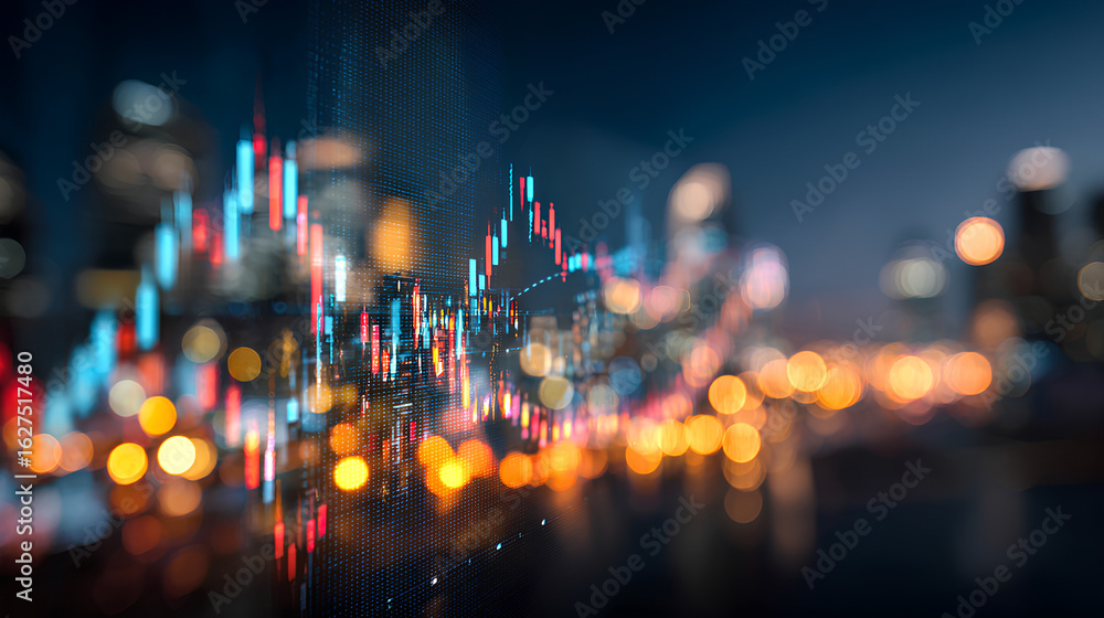 Poster analyzing stock market data on screen with cityscape bokeh background