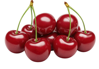 A vibrant cluster of fresh red cherries with green stems, showcasing natural beauty
