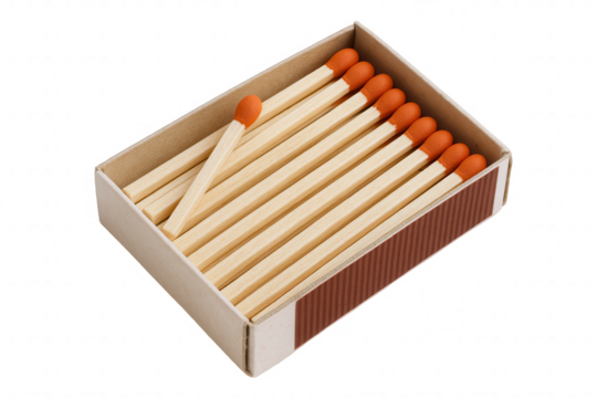A Box of Wooden Matches with Orange Tips, Arranged Neatly with One Match Placed Diagonally Across the Top