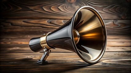 Vintage megaphone amplifying sound on rustic wooden surface with dramatic lighting
