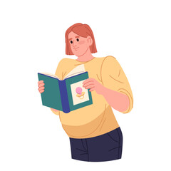 Pregnant woman reading educational book about baby care. Vector illustration of maternity and future motherhood. Prenatal preparation and learning. Infant growth guide. Learning and nurturing. Mother.