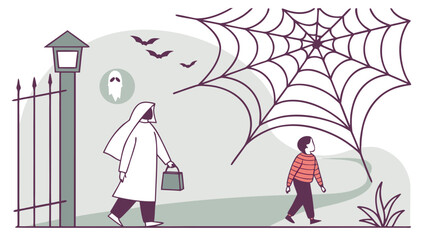 A person in a ghost costume walks with a child under a large spiderweb celebrating halloween with trick or treating