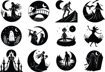 collection of 12 circular gothic Halloween silhouette illustrations featuring witches, castles, haunted scenes, and spooky figures against a dark night sky with a moon, perfect for holiday design