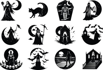 collection of 12 circular gothic Halloween silhouette illustrations featuring witches, castles, haunted scenes, and spooky figures against a dark night sky with a moon, perfect for holiday design