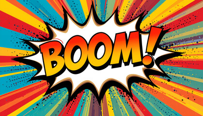 Comic book explosion with the word boom in red, a burst of energy and sound