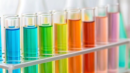 Colorful liquid samples in test tubes arranged in a laboratory rack