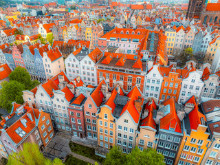 Gdansk with Motlawa river in Poland. Aerial landscape of the Main Town. Old town colourful house...