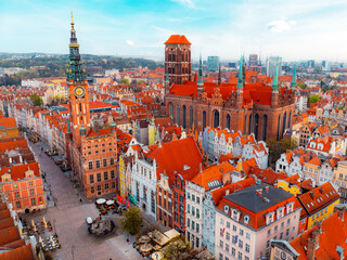 Gdansk with Motlawa river in Poland. Aerial landscape of the Main Town. Old town colourful house...