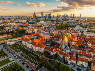 Warsaw old city center and skyscrapers in the background Vistula river. Sunset in Warsaw city...