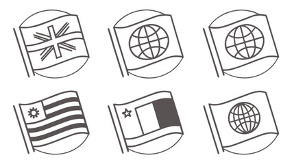 Collection of stylized national and international flags depicted in a simple outline drawing style on white background