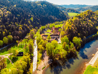 Medieval monastery Cerveny Klastor near Peak Tri Koruny or Trzy Korony in Pieniny National park in Slovakia and Poland © Zedspider