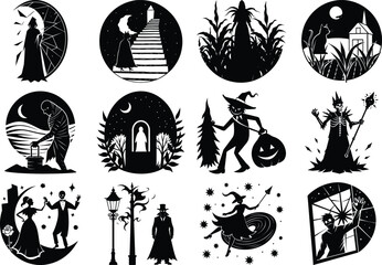 collection of 12 circular gothic Halloween silhouette illustrations featuring witches, castles, haunted scenes, and spooky figures against a dark night sky with a moon, perfect for holiday design
