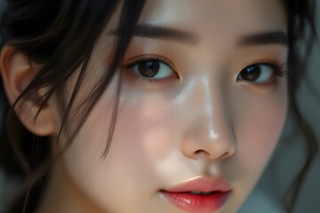 Close Up Asian Beauty with Dewy Skin and Glossy Lips Portrait Art