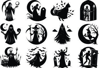collection of 12 circular gothic Halloween silhouette illustrations featuring witches, castles, haunted scenes, and spooky figures against a dark night sky with a moon, perfect for holiday design
